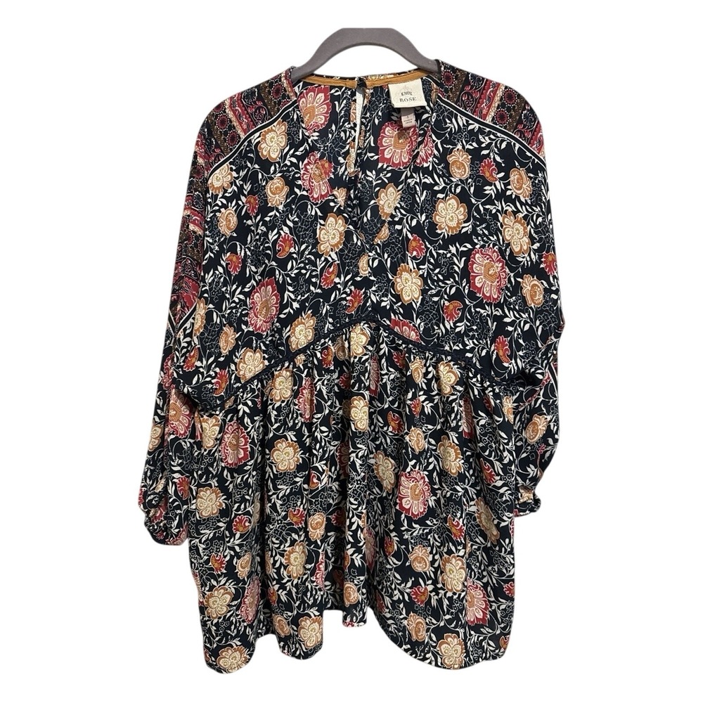 Knox Rose Women's Babydoll Peasant Black Floral Top Hippie Boho Cottagecore L
